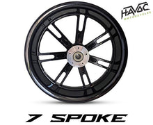 Load image into Gallery viewer, Havoc Motorcycles complete 18 x 5.5 fat tire kits for Harley Davidson bagger Street Glide, Road Glide, Road King, and Electra Glide. Complete with fat tire wheel, 180/55-18 fat front tire, fat front fender, and floating brake rotors.
